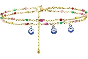 TOEECY Cavigliera Doppio Strato Portafortuna Occhio Blu Catena Multistrato Perline Colorate Gioiello Etnico Bohemien