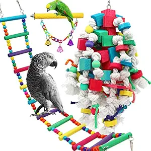 PETUOL Large Bird Swing Toys, 3 Packs Big Parrots Chewing Natural Wood with Bells Toys for Macaws Cokatoos, Alexandrine Parakeet, African Grey Parrot and a Variety of Large Amazon Finch