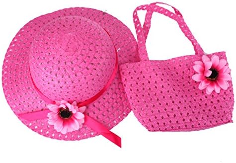 YOPINDO Girls Sun Straw Hat Handbag Set Children Tea Party Summer Beach Caps Dress up Hat Purse Sets (9205 Hot Pink)