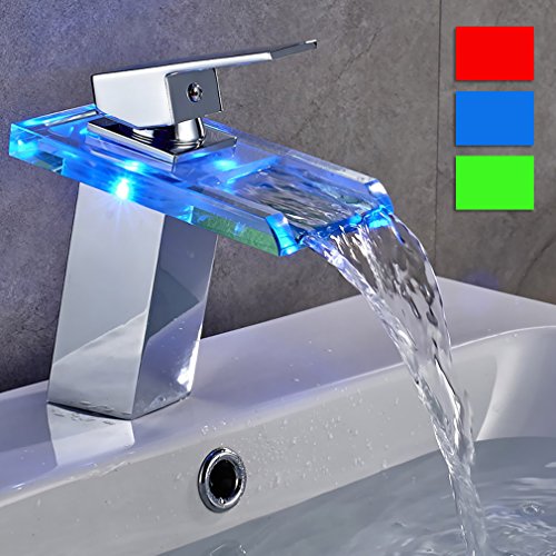Auralum® Elegant LED RGB Glass Mischbatterie Armatur Wasserhahn Chrom Wasserfall Waschtisch Waschtischarmatur für Bad Badezimmer Küchen