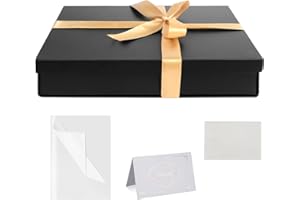 KISPATTI Set Scatole Regalo, Scatola Regalo Nero con Coperchi Grande Scatola Regalo con Nastro 31 x 22 x 6 cm Scatola Regalo Carta Velina Biglietti Auguri per Natale Compleanno Matrimonio