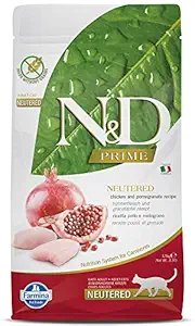 FARMINA N&D Prime Dry Cat Food, Neutered Adult, Grain-Free, 1.5-kg, Chicken and Pomegranate
