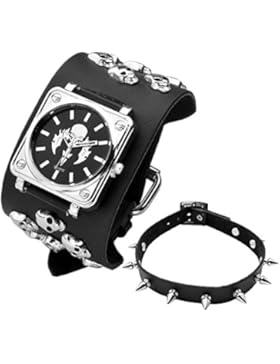 JSDDE Uhren Set,Punk Element Armbanduhr Niete Schädel Metall Leder Band Quarzuhr mit Rivet Echtleder Armband Kette