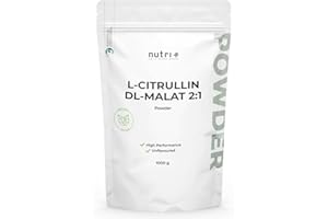 NUTRI + nutri+ L-Citrulline malate en poudre 1 kg - hautement dosé + végétalien + pur - booster de musculation + fitness - L-Citrulline malate DL 2:1 Powder - qualité premium issue de la fermentation végétale