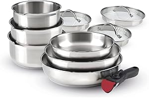 Qulinart by Brandt - Batterie de Cuisine à Induction 10 Pièces - Set de 3 Casseroles, 3 Poêles et 3 Couvercles Passoires avec Poignée Amovible - Acier Inoxydable - Lot pour Tout Feu - Argenté