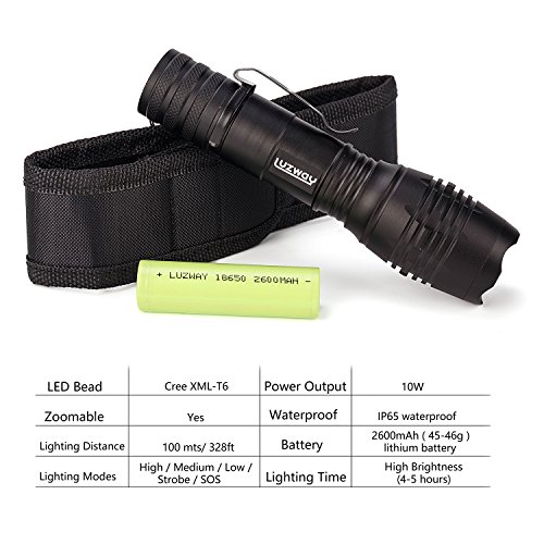 LUZWAY LED XML-T6 Taschenlampe Wiederaufladbare 900 Lumen, Taktische Taschenlampe + Ladegerät mit CE und ROHS Zertifikat + 2pcs 2600mAh 18650 Batterie + Nylonholster für Taschenlampen,Wasserfest, anpassbarer Zoom, 5 Modi für das Radfahren, Campen, Bergsteigen, Fischen und andere Sportarten, die im Freien stattfinden … - 2