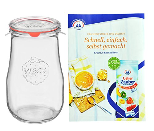 Weck Glas 2700ml Tulpenglas, 2,5L Sturzglas mit Glasdeckel, Einkochring und 2 Klammern inkl. Gelierzauber Rezeptheft von Diamantzucker