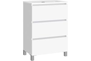 Baikal Conjunto de Mueble de Baño LESI. Compuesto por Mueble con Patas y Lavabo Cerámico. Tres Cajones. Melamina 16mm. Mueble MONTADO. Fondo 39cm 60 cm Blanco Mate