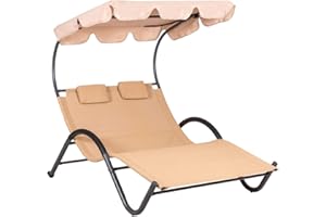 Hortan Lettino Ondulato 2 Posti Con Struttura Prendisole In Acciaio, Seduta Ergonomica In Textilene e Tetto Parasole Per Arredo Giardino, Terrazzo e Piscina