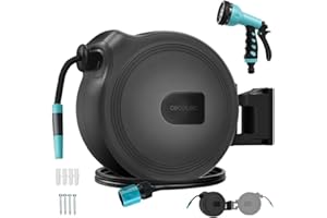 Cecotec Carrete de Manguera de 20m HydroShell 20. Enrollador Automático con SlowReturn Technology, Portátil y Ergonómico, Incluye Boquilla Simple y Pistola Pulverizadora, Conexión Universal 3in1