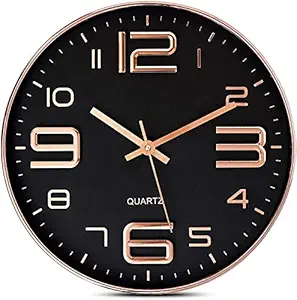 STAR WORK - Black Wall Clock - 12 Inch Rose Gold Silent Non Ticking Quality Quartz Battery Operated Easy to Read Decorative Modern Design for Home/Office/Kitchen/Bedroom/Living Room