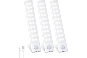 HIGHLUC Led Lampe de Placard Dimmable, 20cm Reglette LED Cuisine Detecteur de Mouvement, 40 LED Rechargeable USB-C Sans Fil 3 Couleurs Éclairage Luminaires Intérieur pour Armoire Escalier Couloir (3 Pièce)