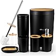JOTOM 7 Pieces Bamboo Bathroom Accessories Bathroom Accessory Set Luxury Plastic Bath Accessories Set Toothbrush Holder Tumbler Toilet Brush Set Qtip Holder Soap Dish Trash Can Soap Dispenser (Black)
