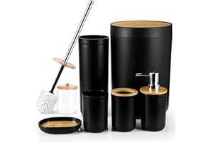 JOTOM 7 Pieces Bamboo Bathroom Accessories Bathroom Accessory Set Luxury Plastic Bath Accessories Set Toothbrush Holder Tumbler Toilet Brush Qtip Holder Soap Dish Trash Can Soap Dispenser (Black)