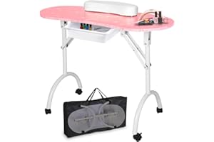 LEIBOU Tavolo professionale per manicure portatile e pieghevole, da 36 cm, per manicure da tavolo e da lavoro, con ruote, cassetto, spugna, borsa per il trasporto gratuita (motivo rosa)