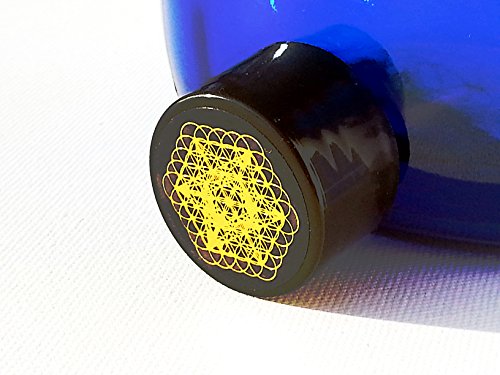 Blaue Glas Flasche 2 Liter mit 2 x Aufkleber „Blume der Vollkommenheit“ - 3