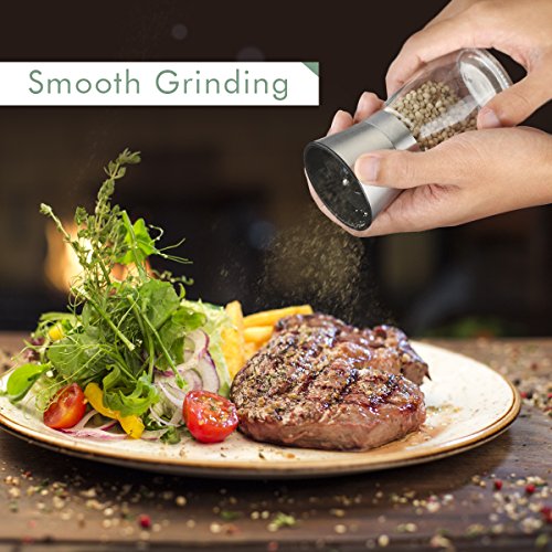 TopElek Salz und Pfeffermühle mit Ständer, Manuelles Edelstahl Salz & Pfeffermühlen mit verstellbarer Grobkörnigkeit und festen Glaskörper - 5