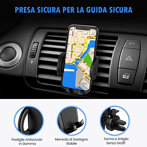 Mpow - Supporto universale da auto per cellulare, rotazione di 360Â gradi, regolabile in 3 livelli tramite morsetto, per cellulari come iPhone 7 / 7 Plus / 6S / 6S Plus / 6 / 6 Plus / SE / 5S, Samsung Galaxy S7Â / S6Â / J5Â / A5, Asus ZenFone 3, Huawei ecc.