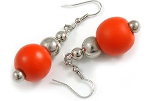 AVALAYA Orange Painted Wood and Silver Acrylic Bead Drop Earrings - 55mm L