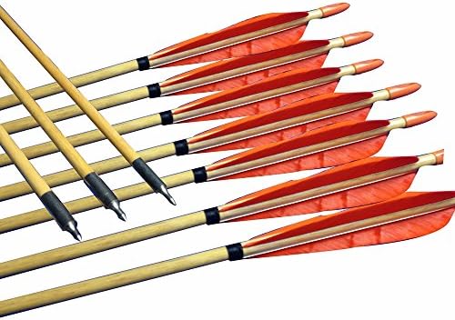 12x Longbows Arrows 11/32 Wooden Shaft Turkey Feather Fletched Traditional Archery Hunting Target Practice (32 Inch)