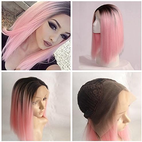 Cupidlovehair Short Bob Style Straight Natural Black Ombre Pink Color Synthetic Lace Front Wig 12inch