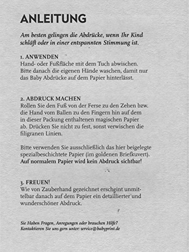 Magisches BABY ABDRUCKSET – keine Tinte, kein Gips! (ausreichend für 3 Hand- oder Fußabdrücke, ab Geburt möglich) – 4x Papier, 1x farbloses Tuch - 4