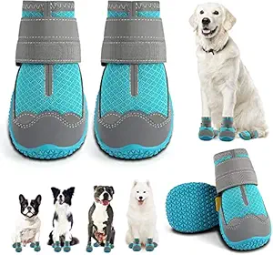 KUTKUT Dog Boots for Hardwood Floor | Breathable Dog Shoes | Dog Booties with Reflective Anti-Slip Sole | Outdoor Paw Protectors with Rubber Soles for Hiking and Running