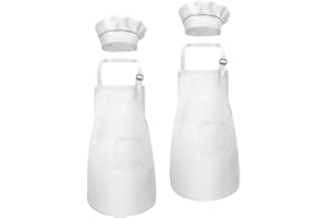 FODLON Fartuch kuchenny dla dzieci, biały fartuch dla dzieci i kapelusz szefa kuchni zestaw do malowania rękodzieła, regulowany fartuch dziecięcy z 2 kieszeniami dla dziewczynek, chłopców, 6-13 lat