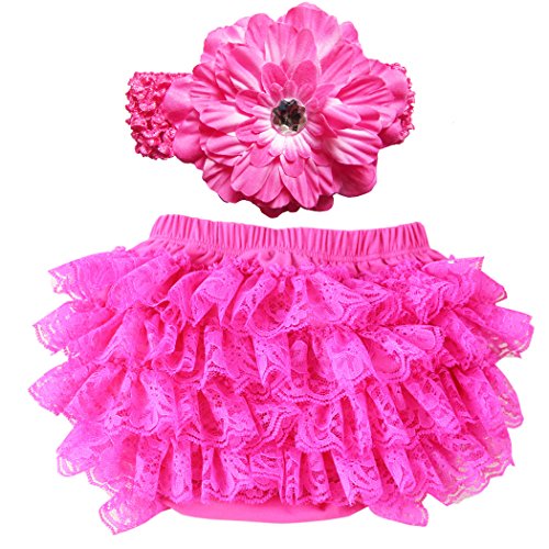 Wennikids Lace Ruffle Diaper Cover Bloomer and Headband SET for Baby Girls Small Hot Pink