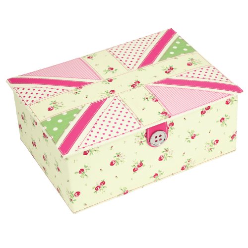 BUTTON IT Country Floral Large Cream Floral Sewing Box with Pink Polka Dot Lining and Applique Union Jack Lid