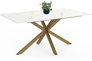 IDMarket - ALIX Tavolo da pranzo rettangolare per 8 persone con gamba a ragno in ottone e piano effetto marmo bianco ALASKA 160 cm