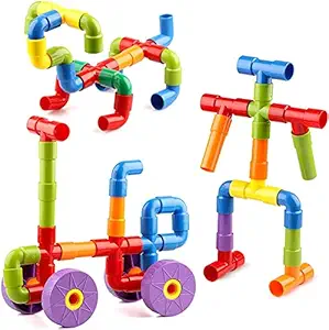 CRASSULA 56 Pcs Pipe Multi Coloured Educational Play and Learn Plastic Building Block Set Pipes Puzzle Set | Preschool Learning Toys, Present Gift for Kids Boys and Girls | Multi Color