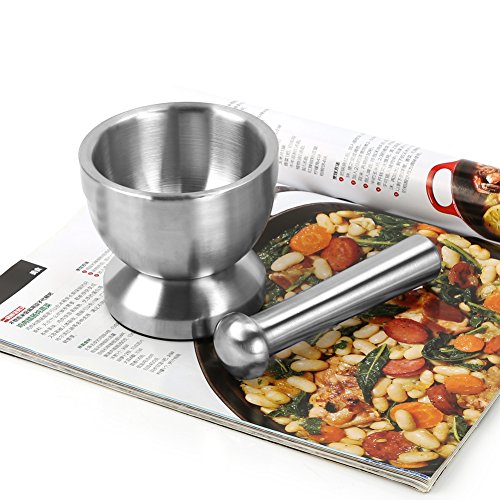 Fuloon Edelstahl Mörser mit Stößel Set Küche Spice Grinder für Kräuter und Gewürze Ø 10 cm (Silber) - 5
