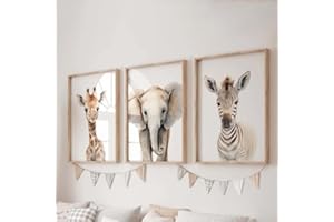 BEIYIHO 3 Affiche Savane Bebe Poster Bebe Garcon Elephant Girafe Zebre Tableau Decoration Murale Chambre Bébé 30X40CM Toile Animaux Foret Deco Murale Beige Tableau Animaux Afrique sans Cadre