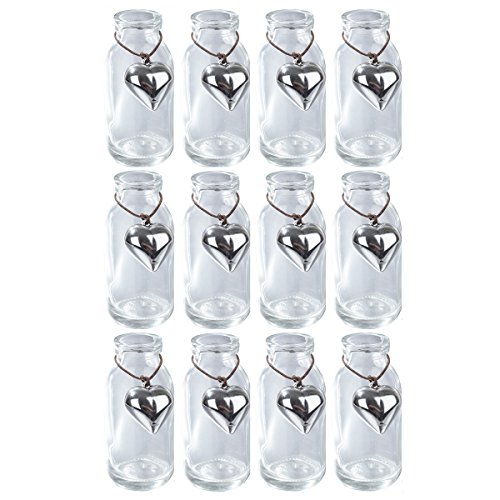 Glasfläschchen mit Herzanhänger 12 Stück H 10 cm – Dekoglas – Vasen - 2