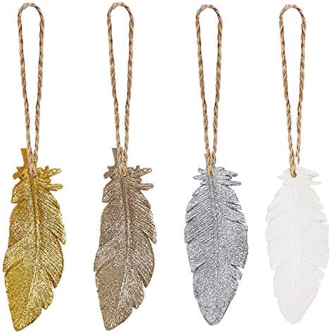KAI-ROAD Feather Christmas Tree Ornaments 2018 Mini Rustic Hanging Ornament Country Wall Decor Gold Silver White Champagne, Set of 4 (4'')