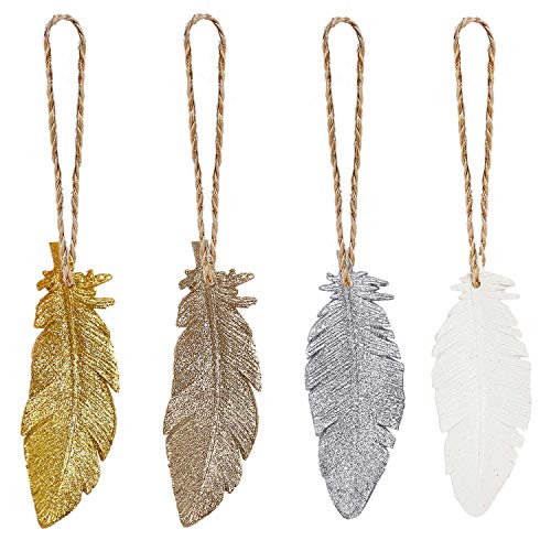 KAI-ROAD Feather Christmas Tree Ornaments 2018 Mini Rustic Hanging Ornament Country Wall Decor Gold Silver White Champagne, Set of 4 (4'')