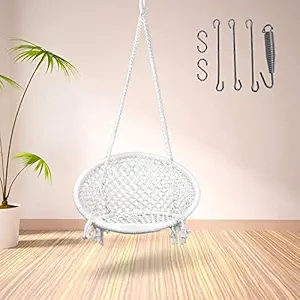 Curio Centre Make in India Extra Large Giant Round Premium Swing with Cotton Ropes & Wooden Frame for Adults & Kids/Indoor Outdoor Hanging Swing Chair with Complete Hanging Kit (83x60x152 cm, White)