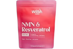 Wish Fusion NMN & Resveratrol 500mg, NAD+ Level Support Longevity, Cellular Energy & DNA Repair, NMN Supplements UK for Anti Aging, 90 Vegan Capsules