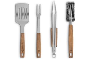 BURNHARD Grillbesteck-Set 4-TLG. 42 cm, Akazienholz Edelstahl, Grillzubehör mit Grillzange, Grillwender, Fleischgabel und Grillbürste mit extra-Langen Holzgriffen und Aufhänge-Ösen
