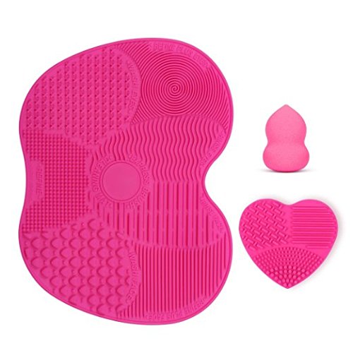 KEDSUM Makeup Brush Cleaning Mats,Makeup Brush Cleaner with 1 Apple Shaded Large Mat,1 Heart Shaped Small Mat and 1 Makeup Sponge, Portable Washing Tool Silicone Brush Cosmetic Brush Cleaning Set of 3 (Rose)