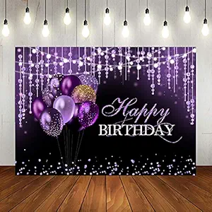 Lofaris Black and Purple Birthday Backdrop for Women Girls Gold Balloon Bady Background Photoshoot Any Age Happy Birthday Party Decorations Cake Table Banner 7x5ft