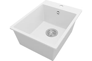 PRIMAGRAN Evier Cuisine en Granit Blanc 38x50cm, Lavabo 1 bac + Kit de Vidage, Évier à Encastrer al mueble 40cm - Riga S002