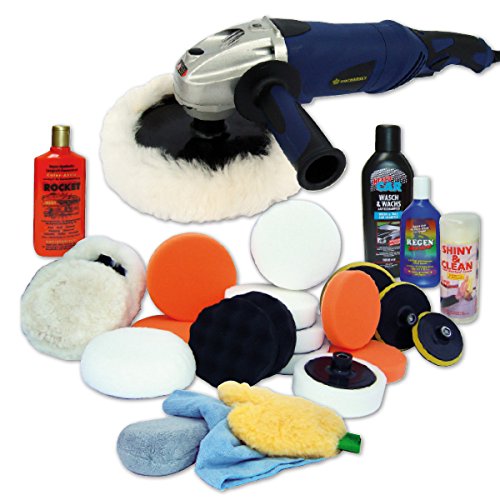 Kingbarney XXXL Profiset - Poliermaschine / Schleifmaschine 1400 Watt Set 4 + Polierschwamm Zubehörset - inkl. Politur - 30 Teile - Auto polieren