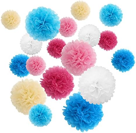 Reechin Tissue Paper Pom Poms Hanging Flower Balls for Wedding, Christmas,Party Decorations,Pack of 18 (Pink/Blue)