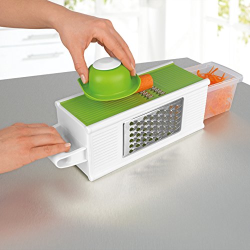 Vierkantreibe – Hochwertige Würfelreibe mit praktischer Auffangschale + Sparschäler und Schutzgriff ( 4 Seiten mit unterschiedlichen Klingen & Hobel ) - 5