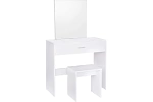WOLTU Toeletta Trucco con Sgabello e Specchio Grande, Tavolo da Trucco con Cassetto, 82x39x132 cm, Postazione Trucco Scrivania Moderno per Camera da Letto, in Legno Bianco MB6043ws