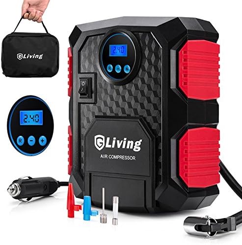 Tyre Inflator , GLiving® DC 12V Portable Air Compressor with LED Lamp , Digital Pressure Gauge , 3M Cord and 3 Valve Adapters