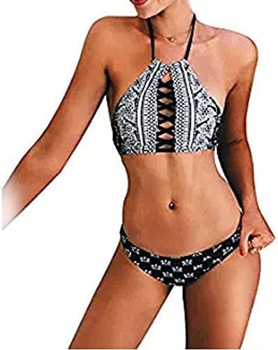 Akalili Women's Monochrome Print Lace Up Tanikini Bathing Suit 2 Piece Swimsuit Top &amp; Bottom Swimming Suit Costume