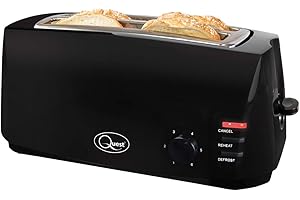 Quest 4 Slice Toaster Black - Extra Wide Long Slots for Crumpets and Bagels - 6 Settings - Reheat and Defrost